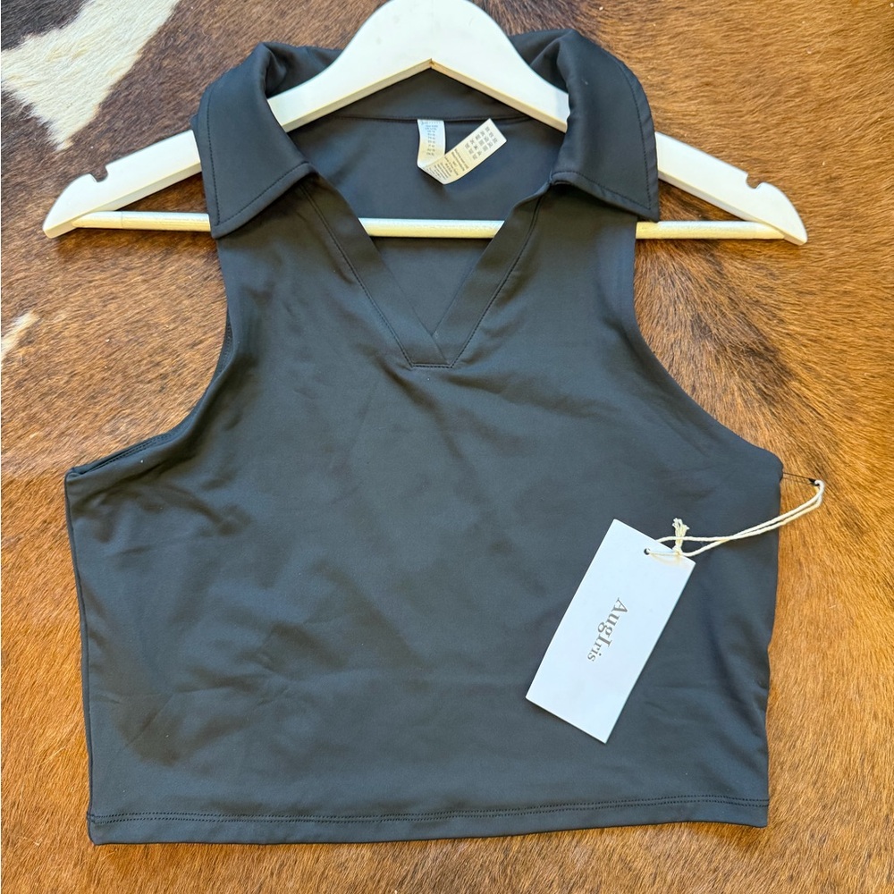 Yoga Charcoal Sleeveless Collared Crop Top
